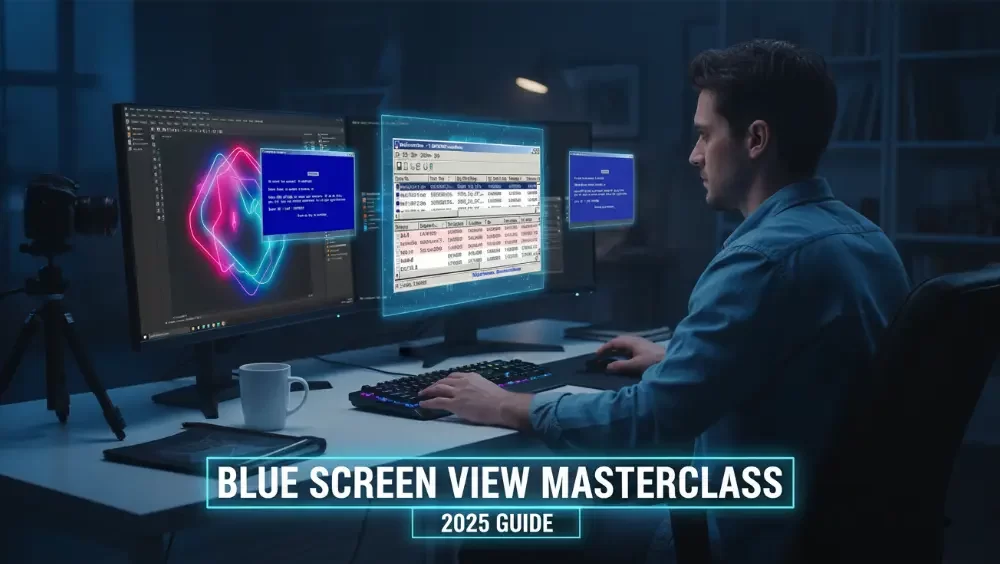 A professional designer at a workstation analyzing a Windows Blue Screen crash using the BlueScreenView tool, featuring a 2025 masterclass guide theme with neon digital overlays.