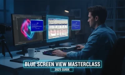 A professional designer at a workstation analyzing a Windows Blue Screen crash using the BlueScreenView tool, featuring a 2025 masterclass guide theme with neon digital overlays.