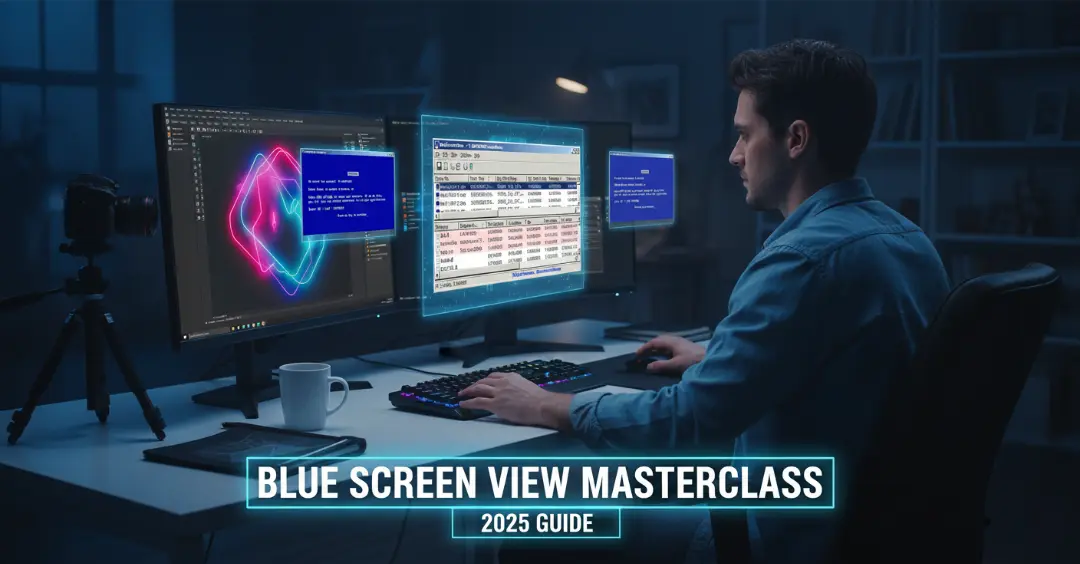 A professional designer at a workstation analyzing a Windows Blue Screen crash using the BlueScreenView tool, featuring a 2025 masterclass guide theme with neon digital overlays.