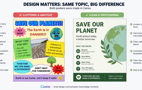 "Comparison of amateur vs professional Canva Posters design mistakes"