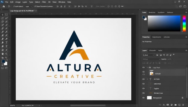 Logo design in Photoshop workspace with layers panel and brand color palette