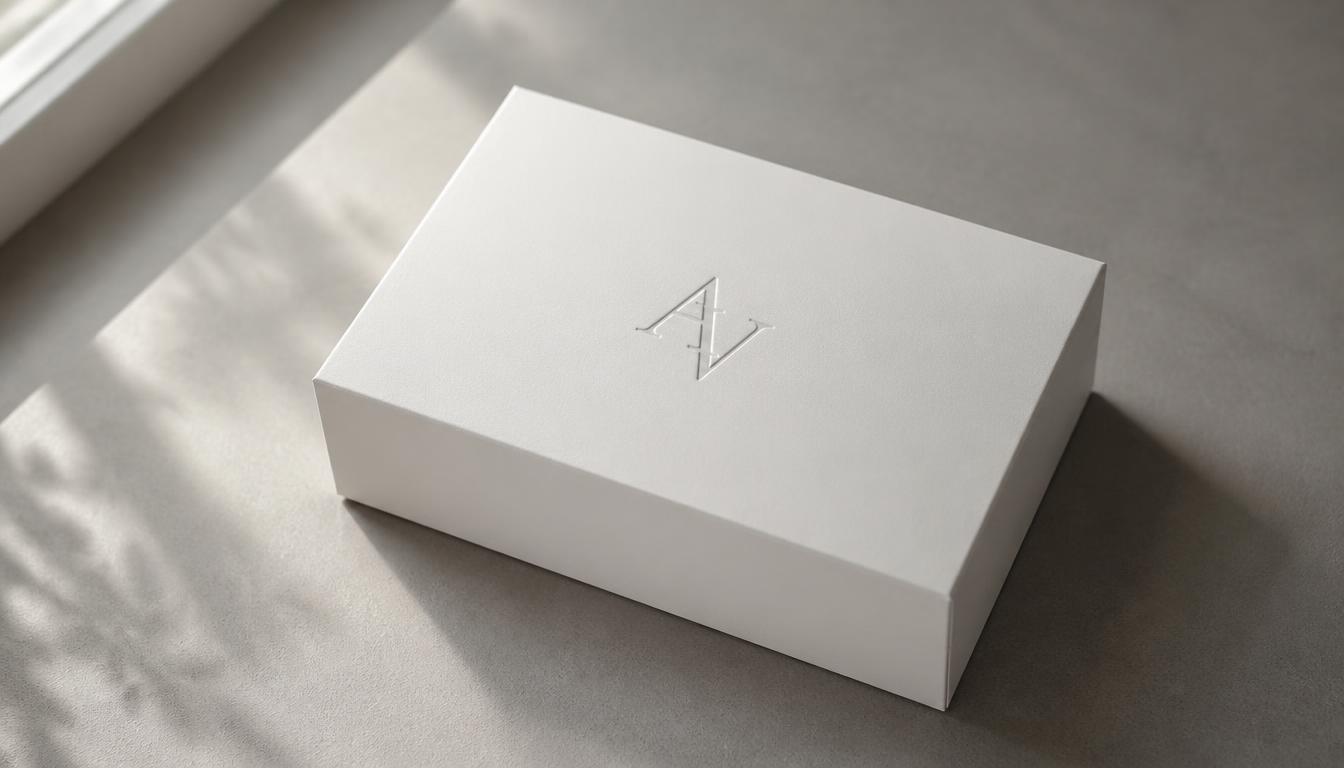 minimalist Packaging Design with a matte white box and embossed logo